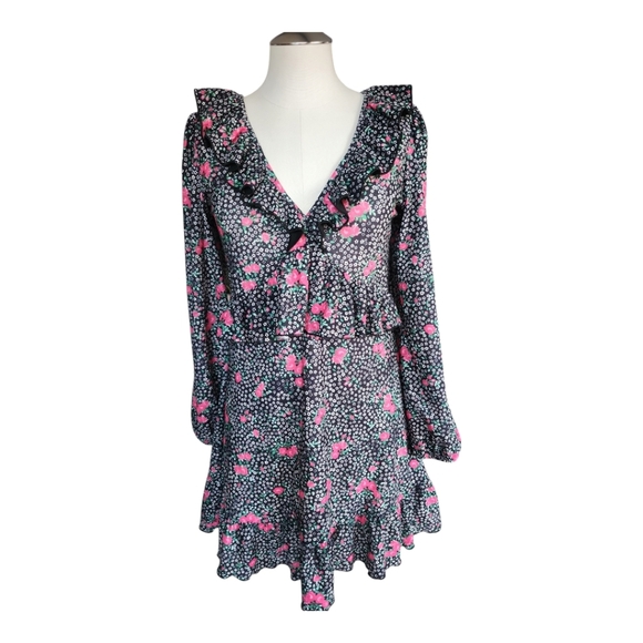 TopShop Black Pink Floral Mini Dress Ruffles Roses Romantic Boho 6 - Picture 1 of 9